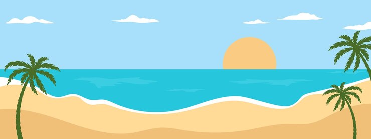 Vector summer beach with palm trees and sun in the background