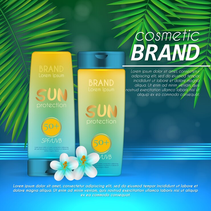 Summer cosmetic template on background with exotic palm leaves.