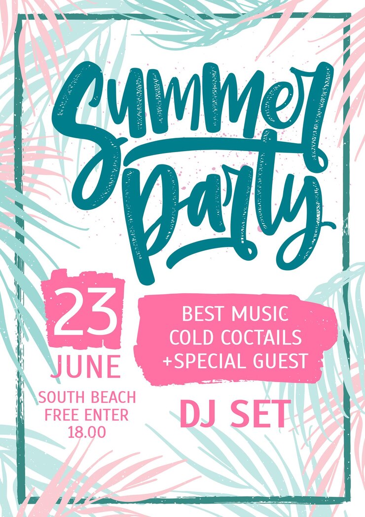 Summer dance party invitation, flyer or poster template with lettering written against colorful tropical palm tree leaves on surface