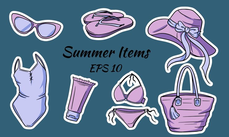 Summer items set. Items necessary for a girl on the beach. Hat, bag, flip flops, glasses, sun cream, swimsuit.