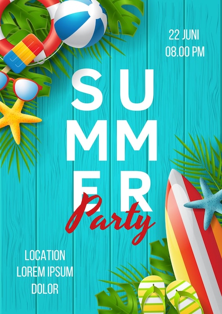 Summer party vector banner design with colorful 3D beach elements