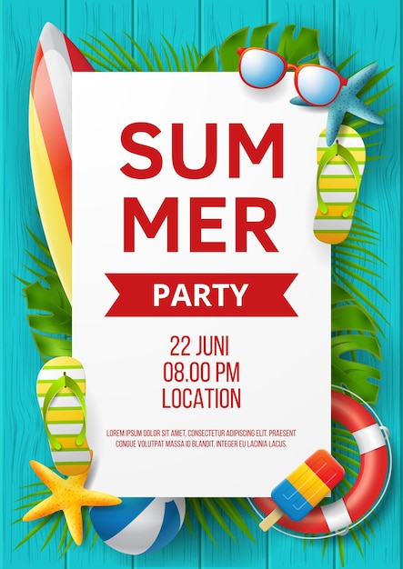 Summer party vector banner design with colorful 3D beach elements