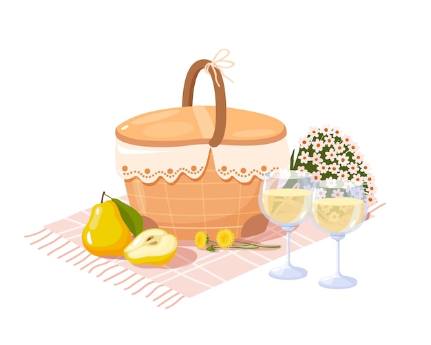 Summer picnic basket with food and drinks