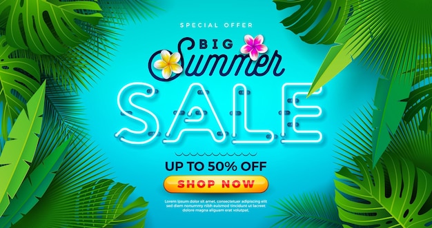 Summer Sale Design with Bright Neon Text and Flower on Blue Background Tropical Special Offer