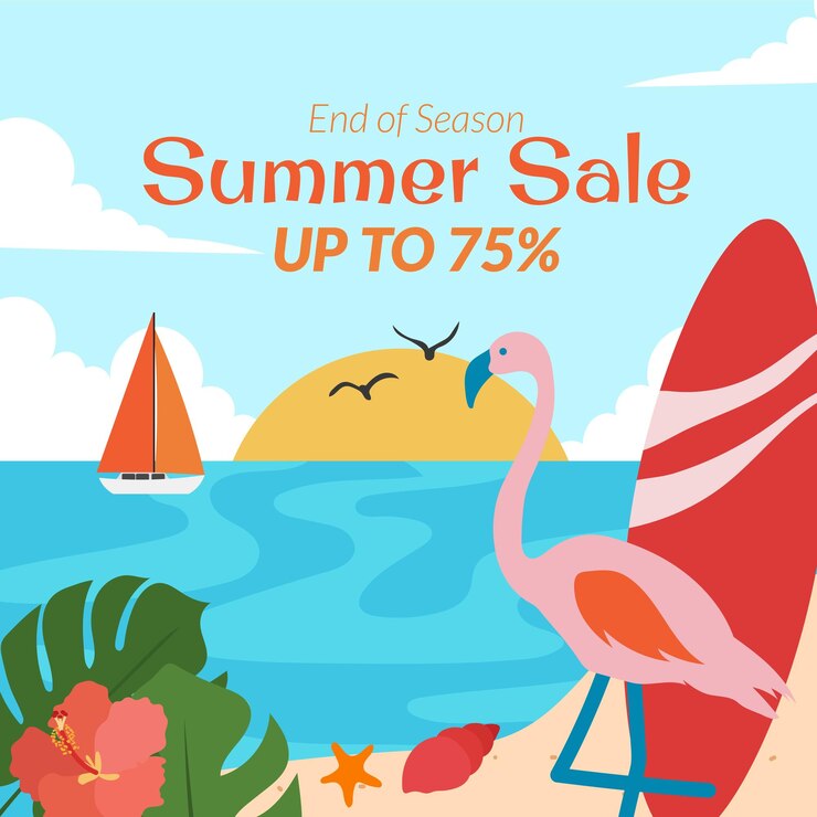 Vector summer sale flamingo surfer beach morning social media illustration