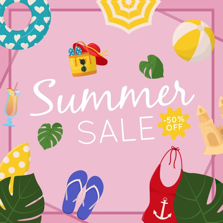 Summer sale web banner design Summer sale discount text with beach elements like swimsuit beach