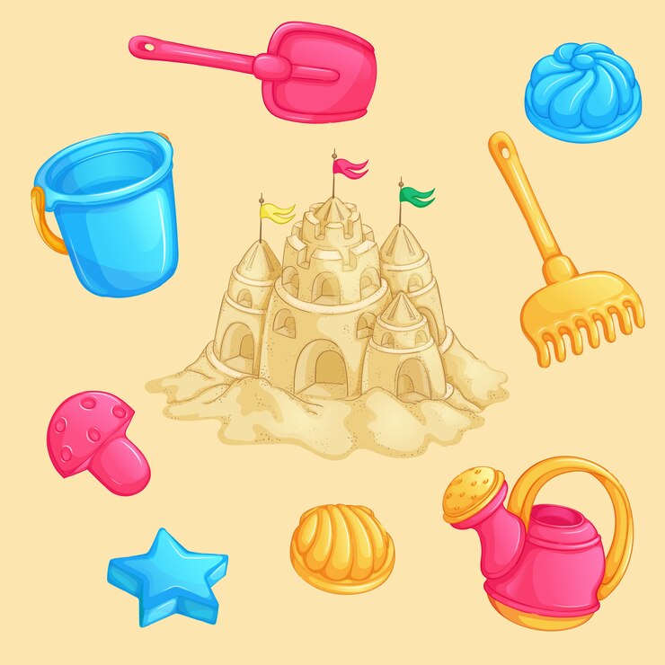 Vector summer set of sand toys and a sand castle with towers and flags.
