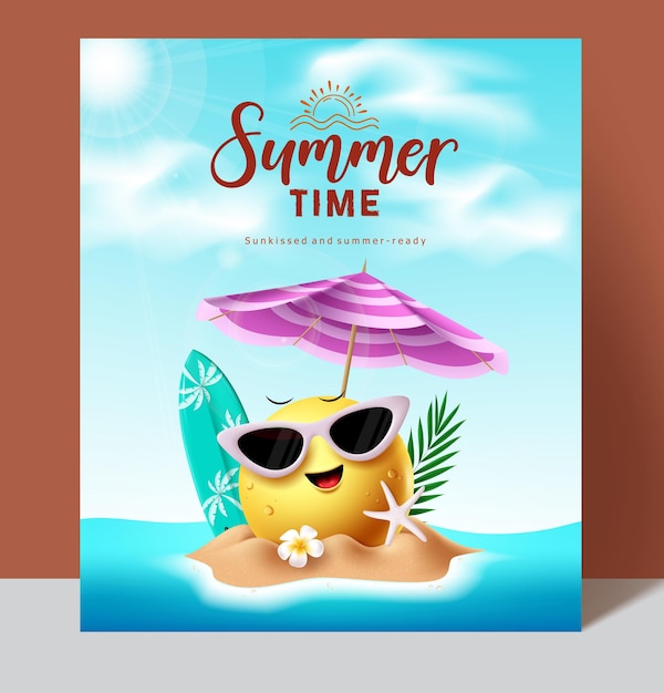 Summer time emoji clipart poster design Summer time text with happy cute relax and enjoy face