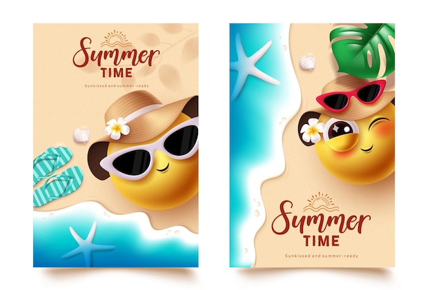 Summer time emoji clipart poster set design Summer time text with emojis character wearing sunglass