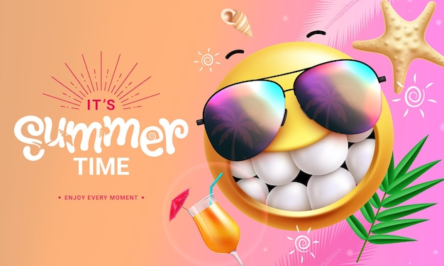Summer time greeting emoji clipart design Its summer text with emoji character in cool hot