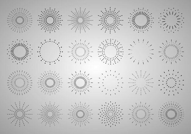 Sunburst set Vintage sunrise collection Light rays elements Firework explosion stars Vector