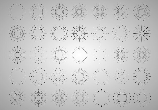 Sunburst set Vintage sunrise collection Vector light rays elements Firework explosion stars