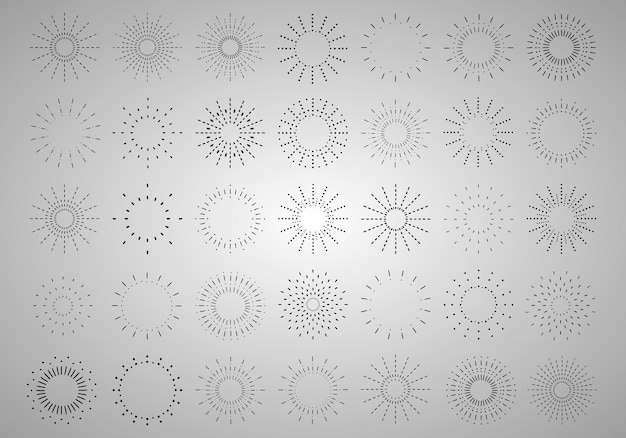 Sunburst set Vintage sunrise collection Vector light rays elements Firework explosion stars