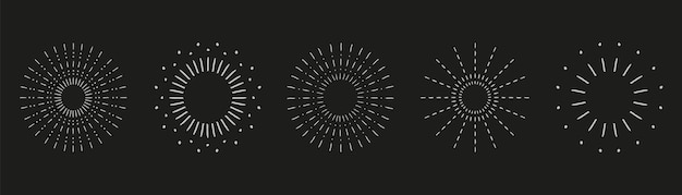 Sunburst set Vintage sunrise collection Vector light rays elements on black background Vector