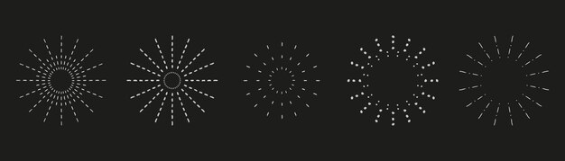 Sunburst set Vintage sunrise collection Vector light rays elements on black background Vector