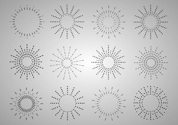 Sunburst set Vintage sunrise collection Vector light rays elements on grey background Vector