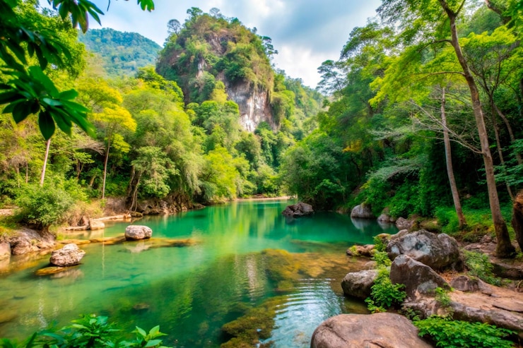 Vector sungai dengan air terjun di latar belakang dan air terjun di latar belakang