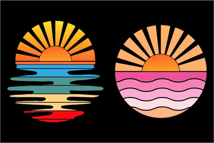 Vector sunrays ocean retro sunset