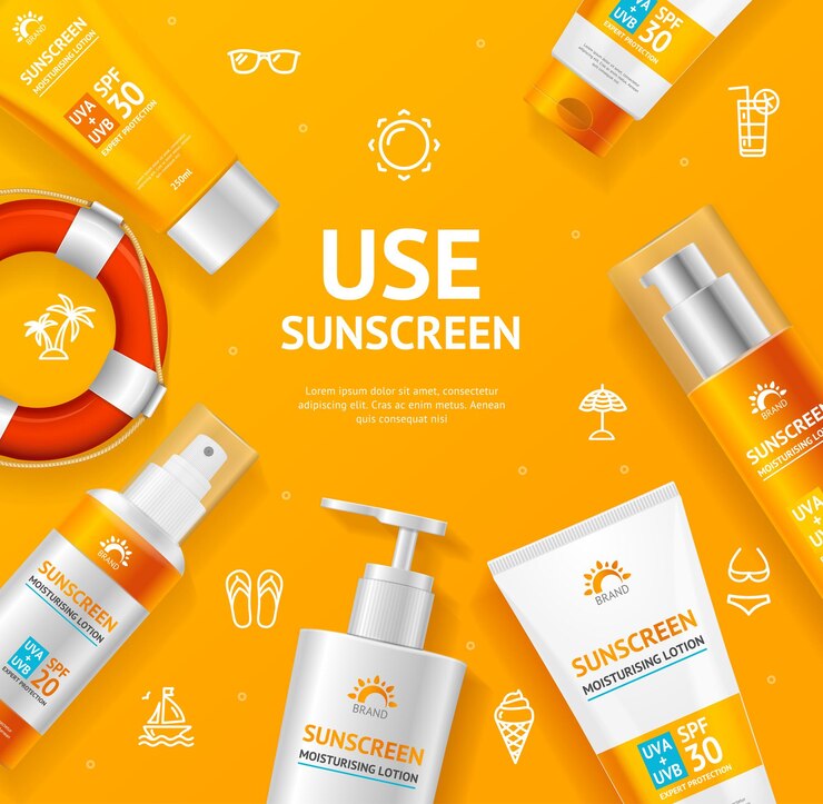 Vector sunscreen moisturizer lotion cream concept banner card with realistic 3d detailed elements on a orange vector illustration