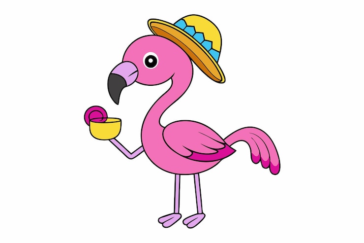 Vector sunset flamingo flamingo with sun hat and cocktail vector illustration for printable graphics