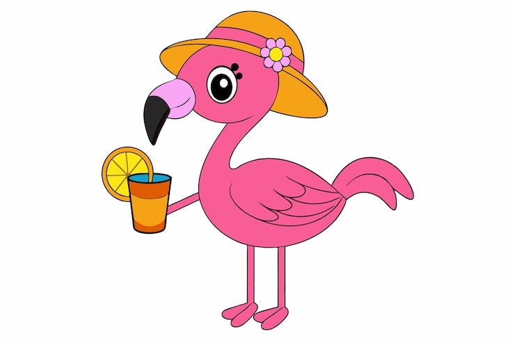 Vector sunset flamingo flamingo with sun hat and cocktail vector illustration for printable graphics