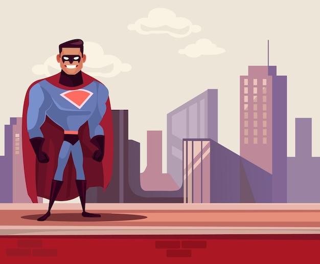 super man hero character standing on roof cartoon illustration