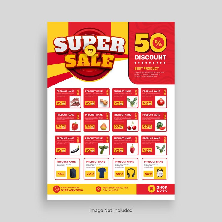 Vector supermarket product sale catalog and grocery sale flyer 3d template banner