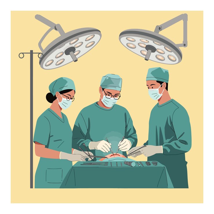 Vector surgical team performing an operation in a sterile environment with flat vector art