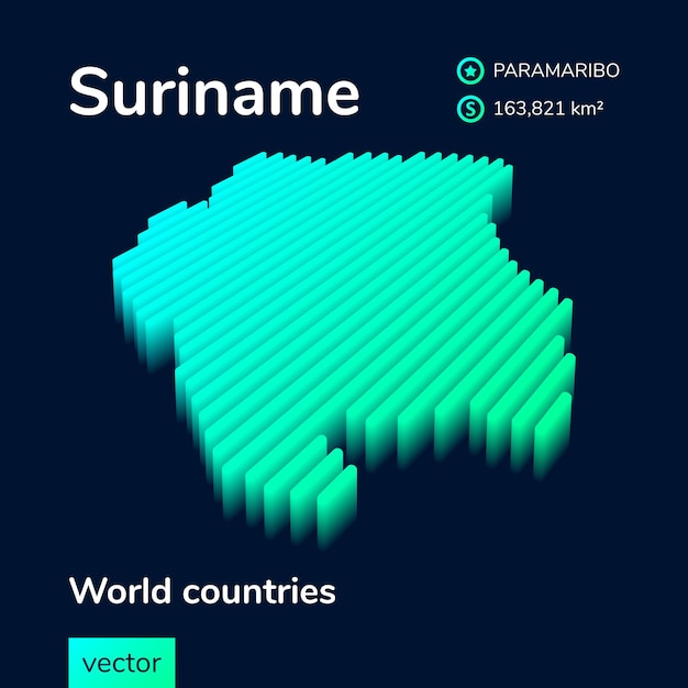 Suriname 3D map. Stylized neon simple digital isometric striped in green, turquoise and mint colors