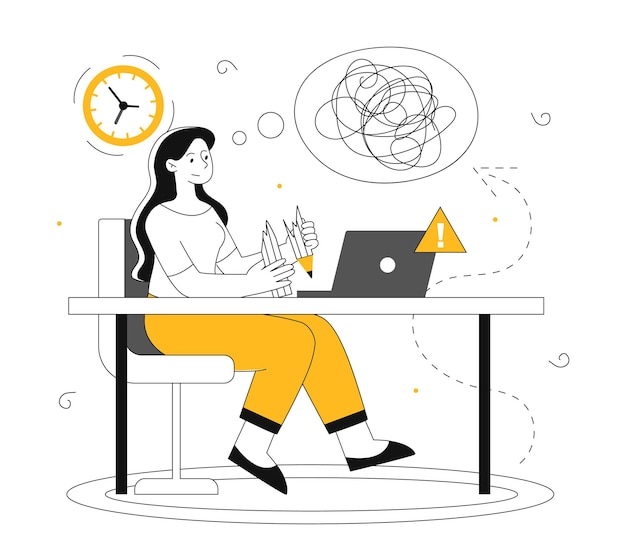 Surprised woman at workplace line concept Young girl thinks over problem and breaks pencil Overworked employee Emotional burnout and mental problems Linear flat vector illustration