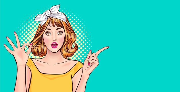 Surprised woman looking with okay gesture and point pop art comics style.