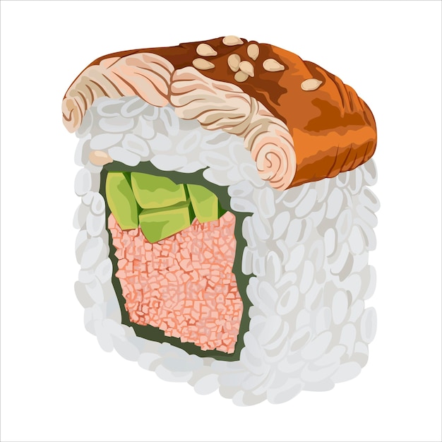 Sushi roll with eel crab and avocado Isolated vector illustration