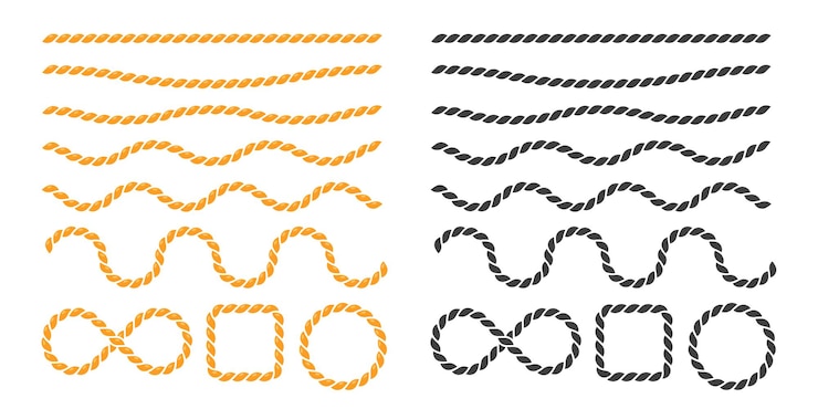 Vector swaying black nautical rope border.