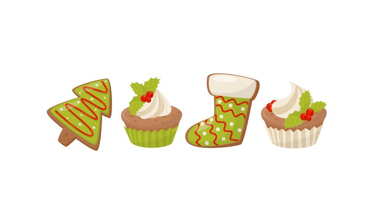 Vector sweet cookie and cupcake with whipped cream and sugar glaze as christmas treat and dessert vector set