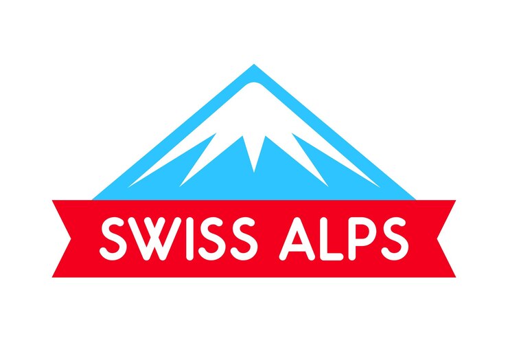 Vector swiss alps logo illustration vector emblem of mountain with ribbon and caption badge isolated on white background