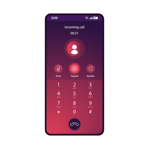 Switched keypad smartphone interface vector template Mobile app page purple gradient design layout Incoming call audio record screen Flat UI for application Mute speaker buttons Phone display