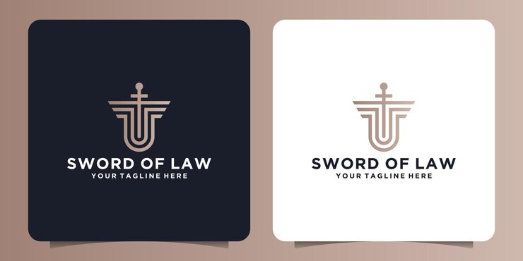 Sword and shield safety logo in line style for court,law and courthouse