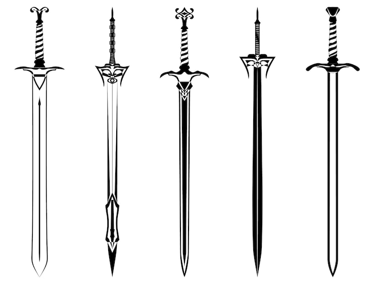 Vector sword outline set ancient longsword saber blade tattoo vector illustration isolated on white