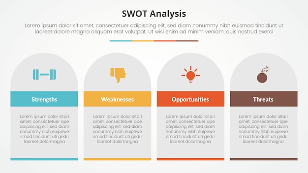 swot business framework strategic template infographic concept for slide presentation with table rectangle and round top with 4 point list with flat style vector