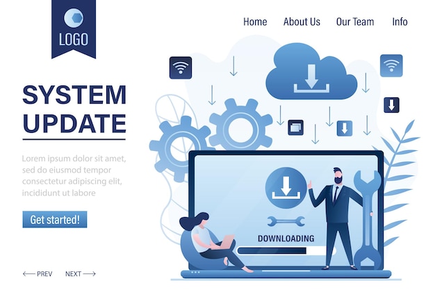 system update landing page template concept downloading files on laptop software page on display