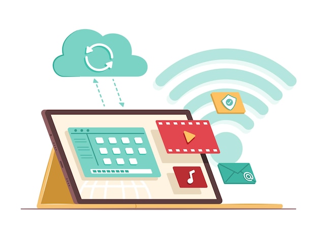 tablet computer syncing data files with cloud computing server for wireless technology concept