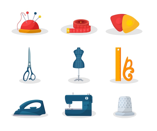 Tailoring tools flat illustrations set. Needle pin and measuring tape, fashion workshop dressmaking equipment, scissors, mannequin, tailor instruments pack, smoothing iron and sewing machine