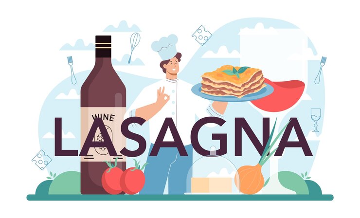 Vector tajuk tipografi lasagna masakan lezat italia di atas piring