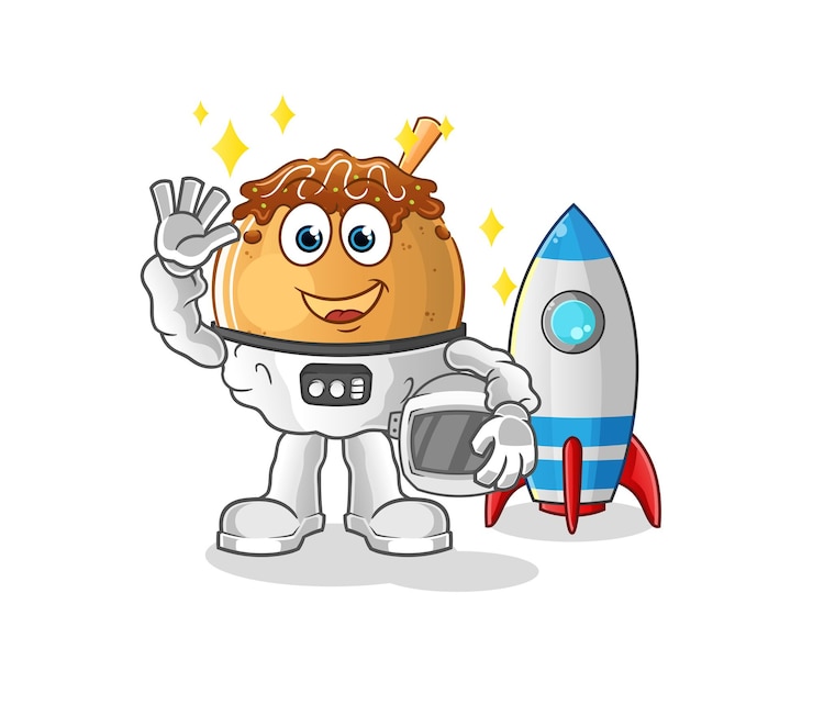 Vector takoyaki astronaut waving character. cartoon mascot vector