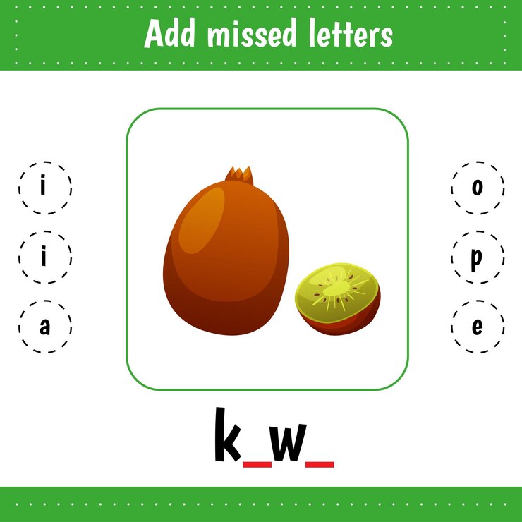 Vector tambahkan huruf yang hilang lembar kerja edukasi belajar kata-kata bahasa inggris buah-buahan kiwi