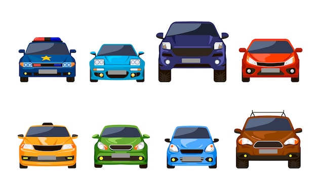 Tampilan depan set mobil. Ilustrasi kendaraan sedan otomatis yang diisolasi dengan warna putih. Transportasi mobil modern untuk jalan perkotaan