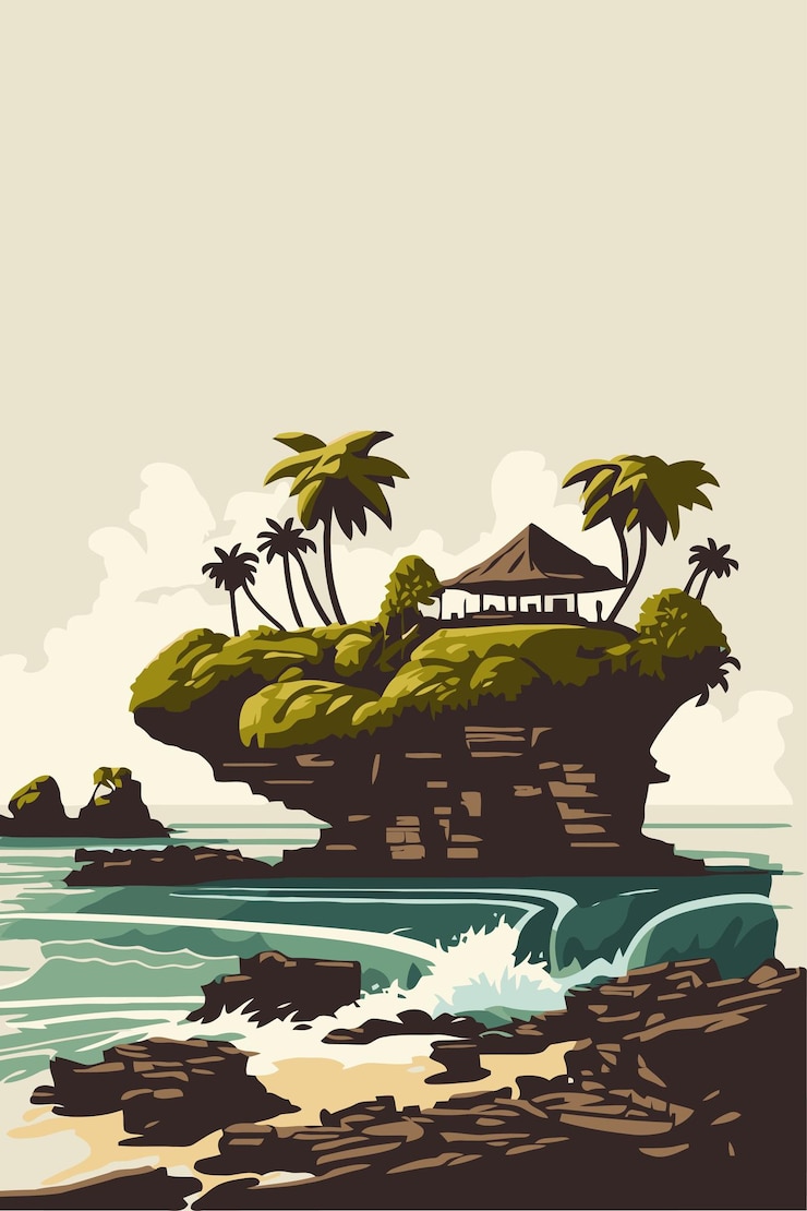 Vector tanah lot hindu temple bali tropical sea island poster flat vector
