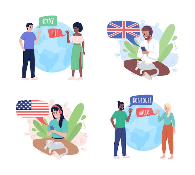 Tandem language learning 2D vector isolated illustration set