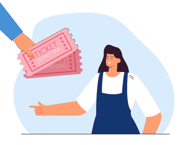 Vector tangan besar memberikan tiket kepada wanita tiket, ilustrasi vektor datar