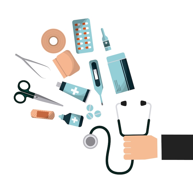 Vector tangan dengan peralatan obat pertolongan pertama